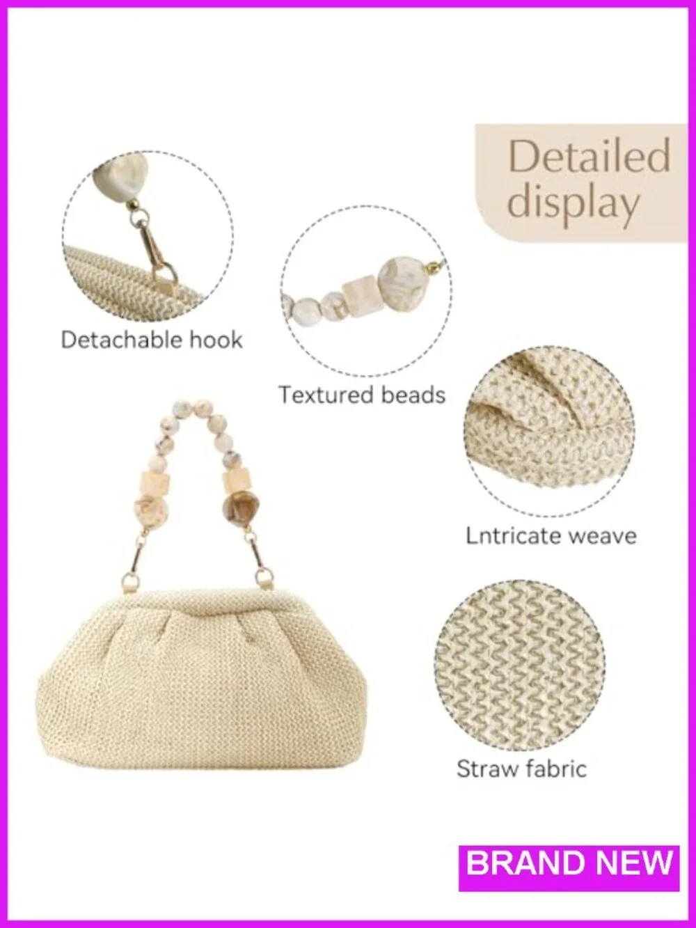 Straw Crossbody Bag Handwoven Woven Clutch Purse Summer Beach Detachable Strap